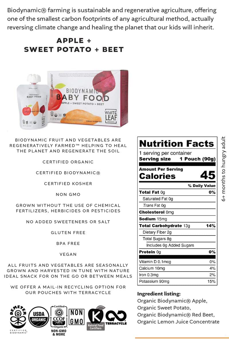 White Leaf Provisions Organic Purees / Baby Food Pouches - Fruits, Veggies & Grains, Toddler Snack, Regeneratively Farmed, No Added Sugar, Non-Gmo, Bpa-Free Pouches 3.17 Oz (Pack Of 24, Apple + Sweet Potato + Beet)