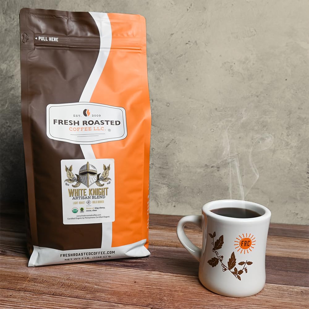 Fresh Roasted Coffee, Organic White Knight, 5 Lb (80 Oz), Light Roast, Fair Trade Kosher, Whole Bean