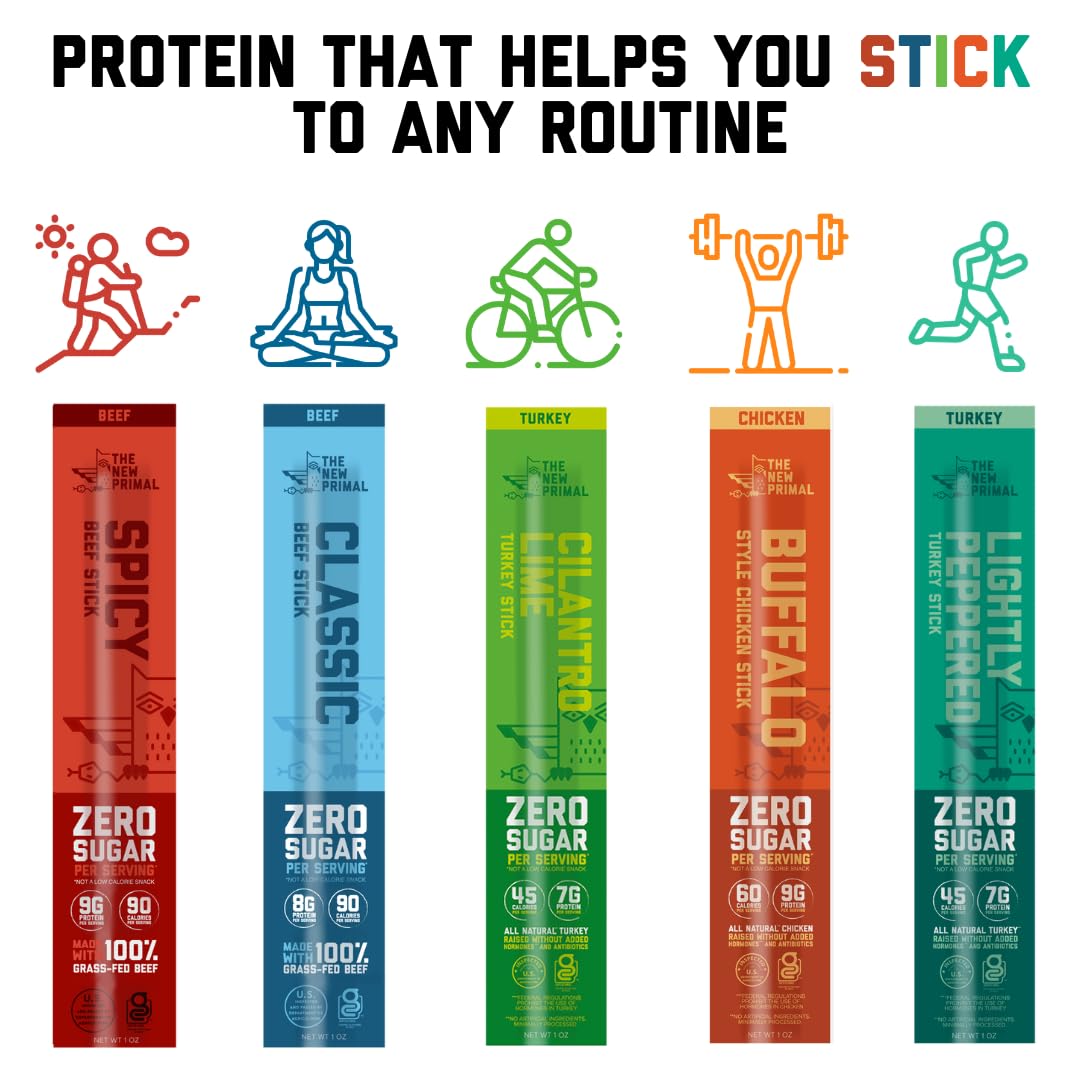 New Primal Meat Sticks Sampler, Grass-Fed Beef, All Natural Chicken and Turkey, Keto & Gluten Free Healthy Snacks for Adults, Su