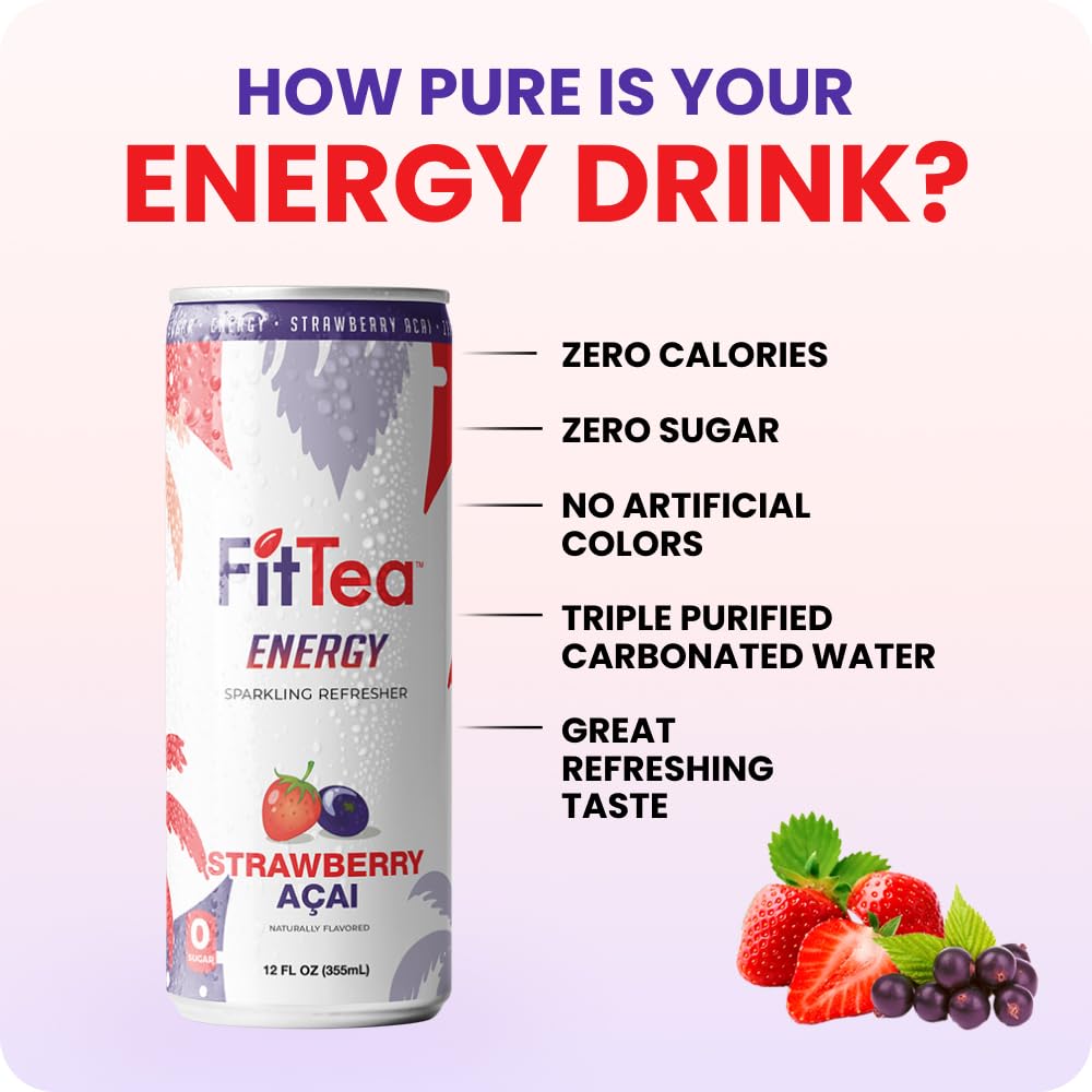 FitTea Healthy Energy Drink 12 Fl Oz - Strawberry Aai Sparkling Refresher (12 Pack) Natural Green Tea Energy Drinks Sugar Free