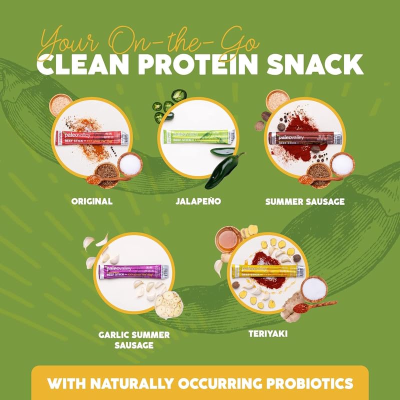 Paleovalley 100% Grass Fed Jalapeno Beef Sticks - Delicious Gluten Free Beef Snack - High Protein Keto Friendly