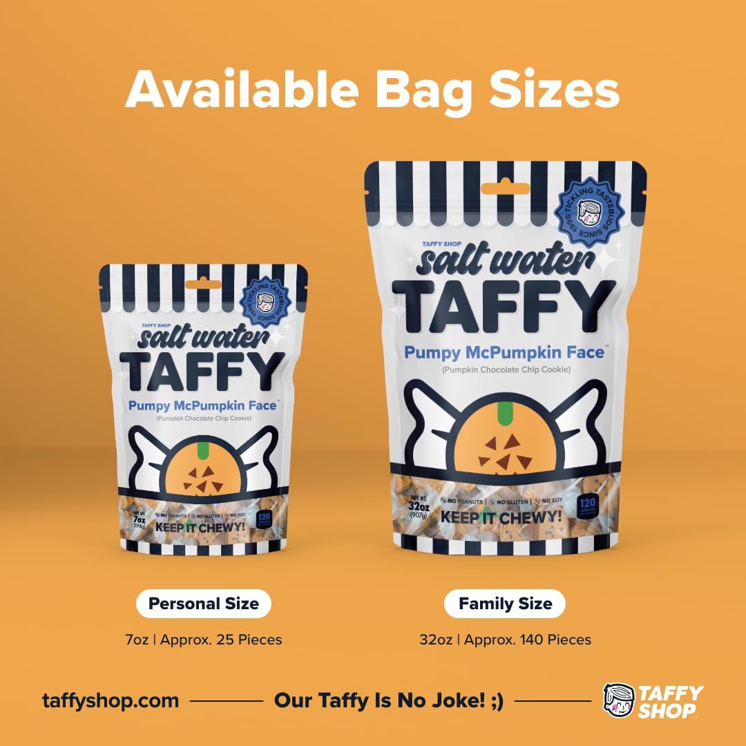 Taffy Shop Pumpy McPumpkin Face, Pumpkin Chocolate Chip Cookie Salt Water Taffy - Gourmet Soft Chewy Candy, Bulk Sweet Snack, Fr