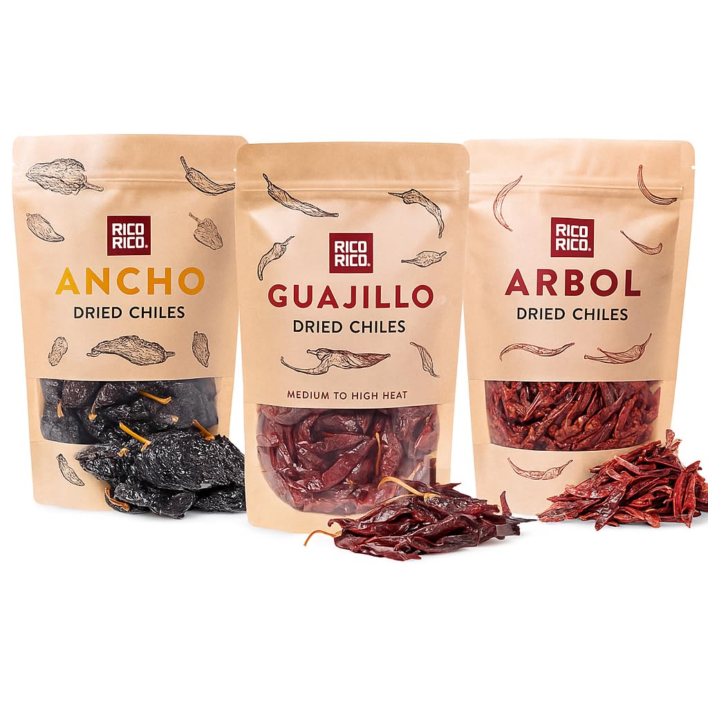 RICO RICO Dried Chile Peppers 3 Pack (12 Oz) - The Spicy Trio - Ancho, Guajillo & Arbol Chiles for Authentic Mexican Recipes, Sm