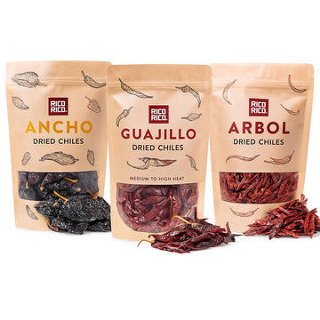 RICO RICO Dried Chile Peppers 3 Pack (12 Oz) - The Spicy Trio - Ancho, Guajillo & Arbol Chiles for Authentic Mexican Recipes, Sm
