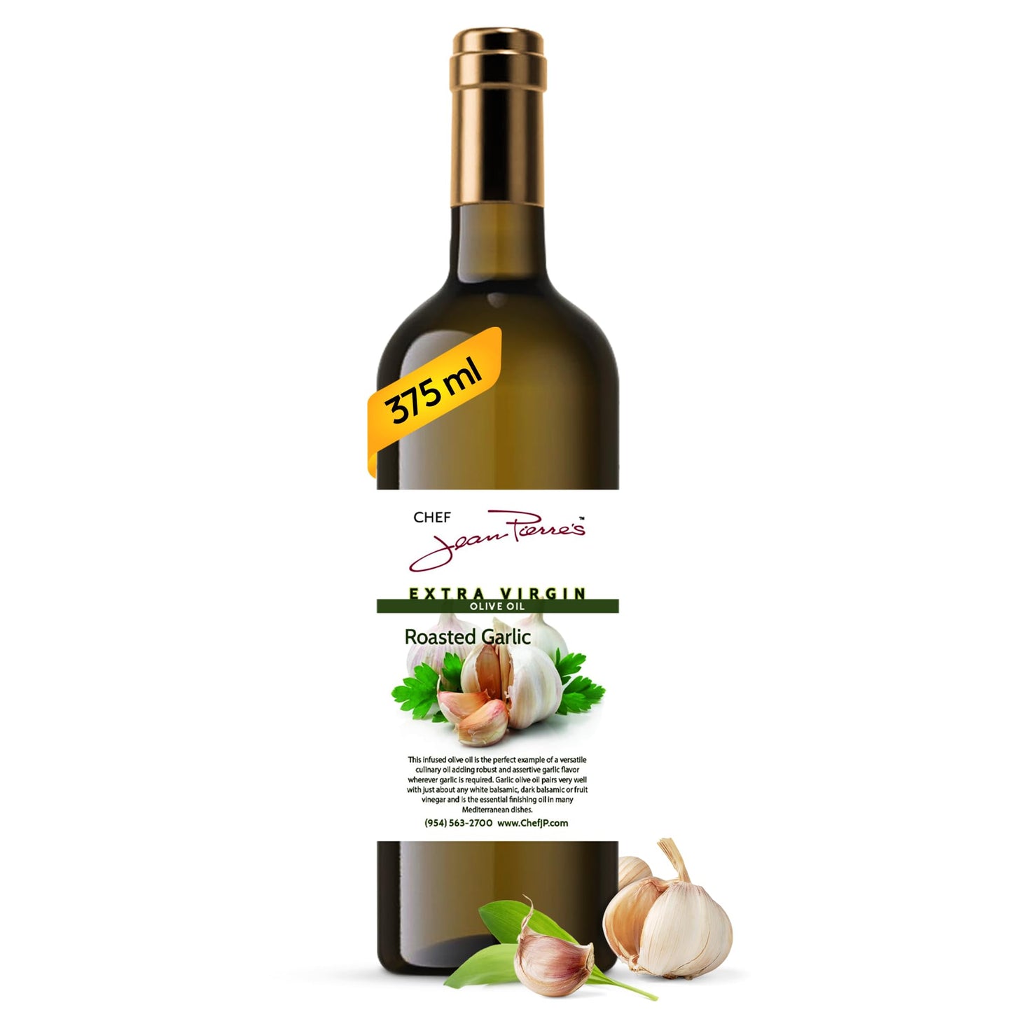 Chef Jean Pierre's Extra Virgin Roasted Garlic Olive Oil - 375ml (12.5oz) Glass Bottle - Naturally Infused with Sweet and Tangy 