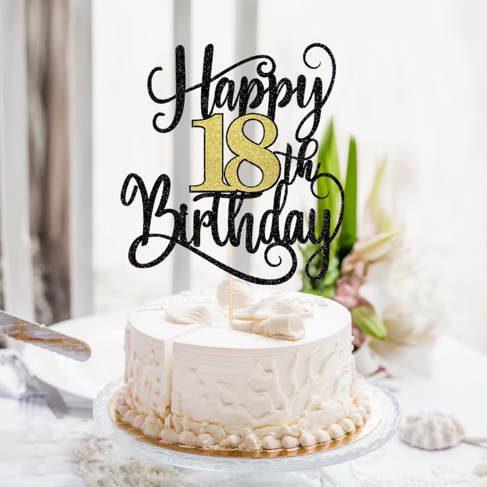 Happy 18Th Birthday Cake Topper, 18 Birthday Party Cake Decorations (Black And Gold Flashes, 18Th)