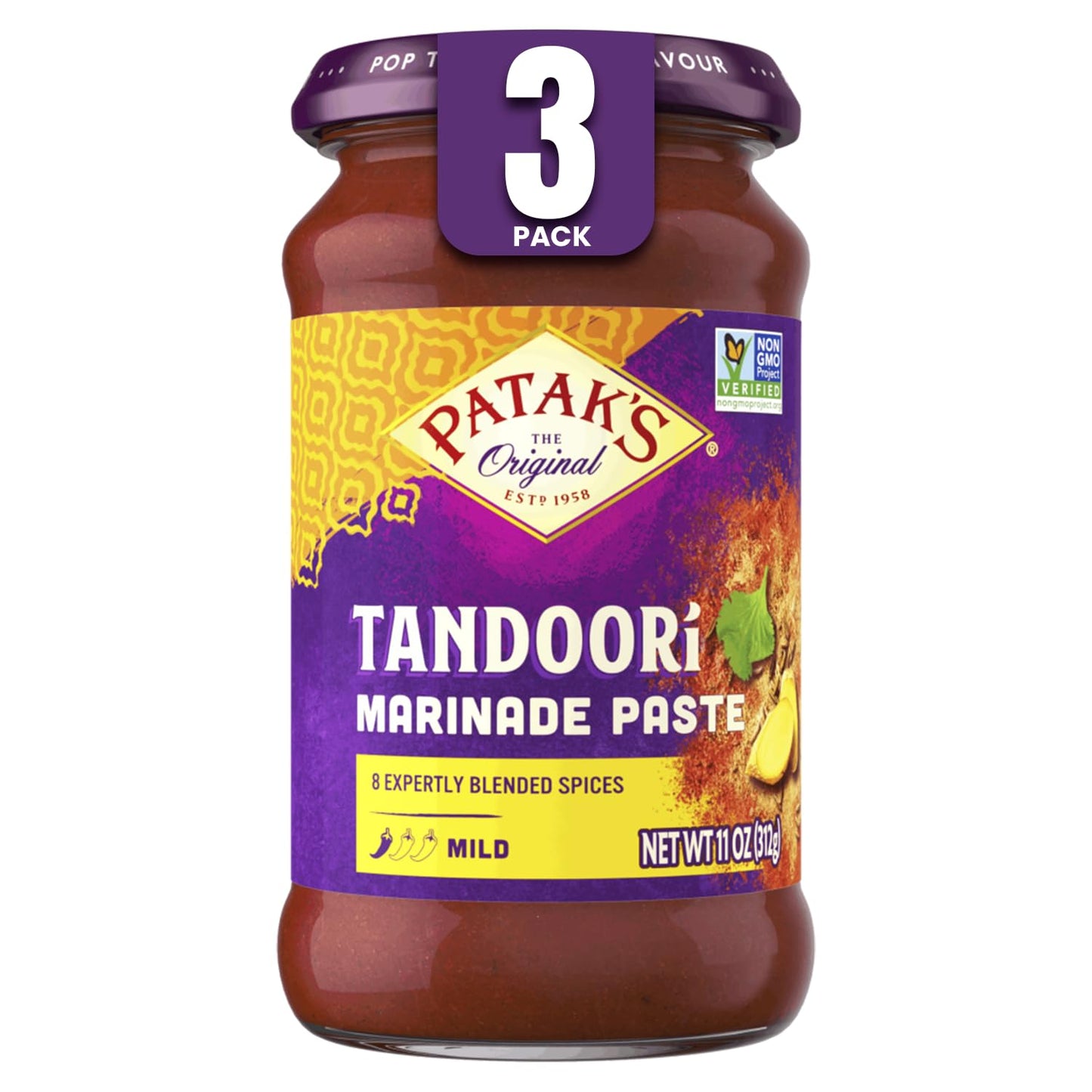 Patak’S Tandoori Marinade Paste - Mild Indian Tandoori Paste With 8 Expertly Blended Spices - Gluten-Free & Vegan - Flavorful Chicken Marinade For Grilling, Baking & Bbq Cooking - 11Oz Jar (Pack Of 3)