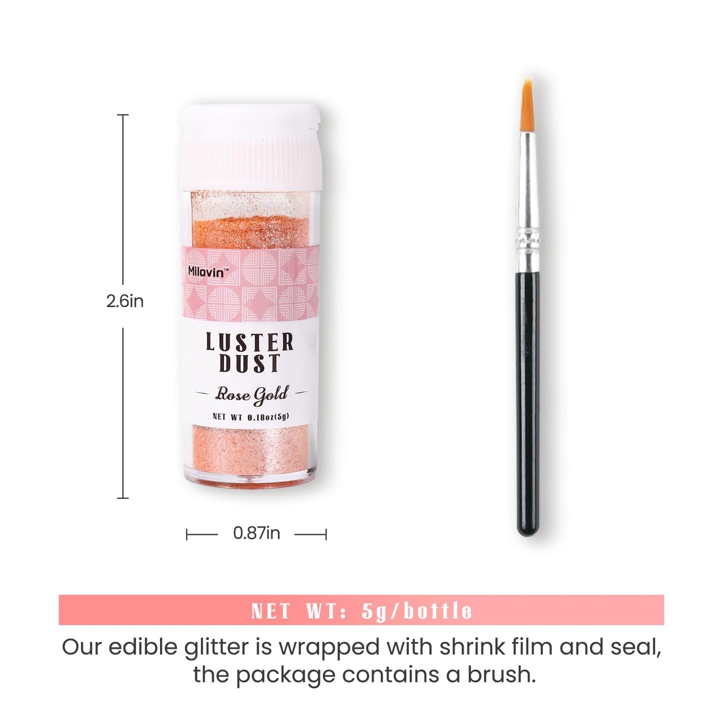 Rose Gold Edible Glitter For Cocktails, 5G Food Grade Glitter, Rose Gold Luster Dust Edible For Drinks, Cake Decorating, Cookies