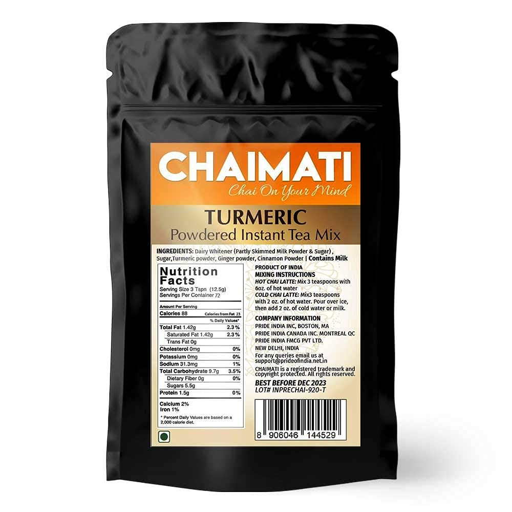 Pride Of India Turmeric Chai Latte Powder - Lightly Sweetened Instant Golden Milk, 32 oz (Makes 100 Cups), Model RQ-CW13-VKIN