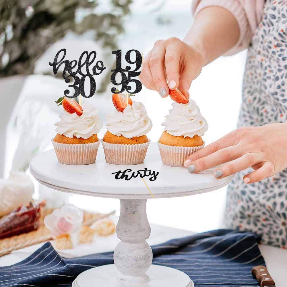 BCHOCKS 24 Pcs Cupcake Toppers - Black Glitter for 30th Birthday Party Decorations