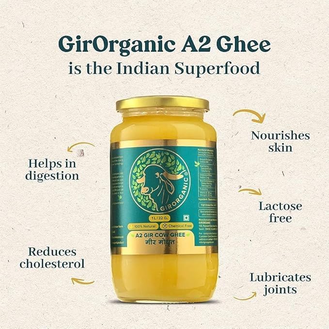 Organic Grass Fed A2 Ghee Clarified Butter from Girorganic - Unsalted Gir Cow Ghee Butter - Organic Ghee Oil - Pasture Raised, L
