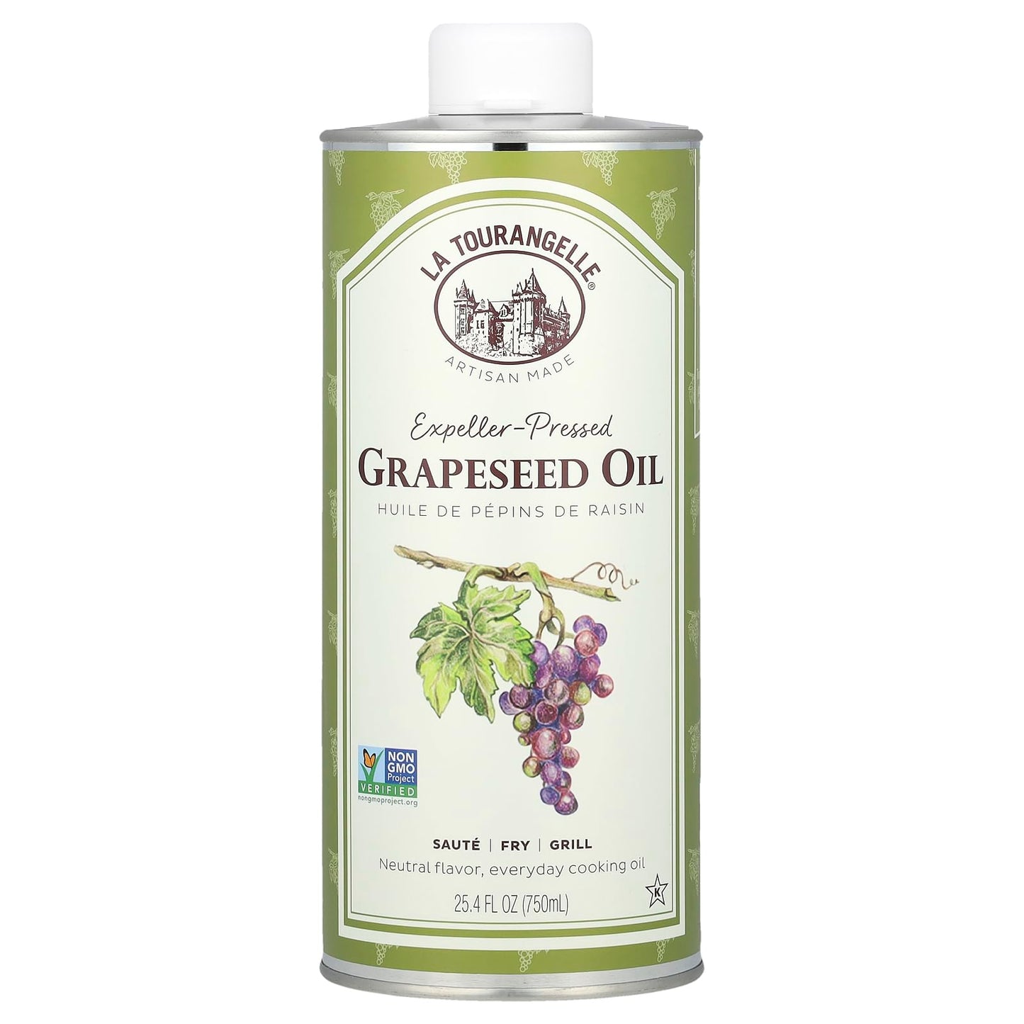 La Tourangelle, Expeller-Pressed Grapeseed Oil, High Heat Neutral Cooking Oil, Cast Iron Seasoning, Also Great For Skin, Hair, And Diy Beauty Recipes, 25.4 Fl Oz