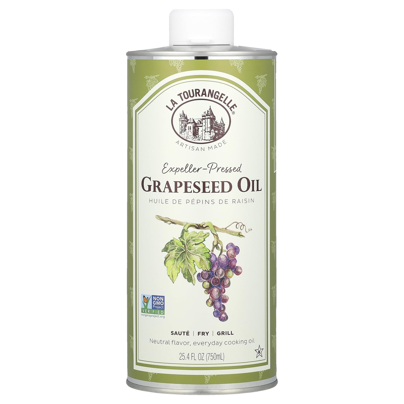 La Tourangelle, Expeller-Pressed Grapeseed Oil, High Heat Neutral Cooking Oil, Cast Iron Seasoning, Also Great For Skin, Hair, And Diy Beauty Recipes, 25.4 Fl Oz
