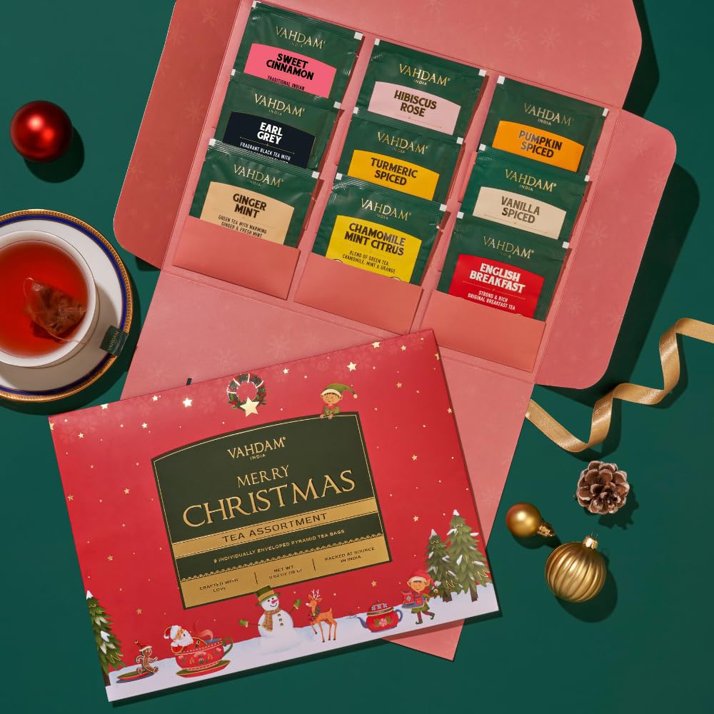 VAHDAM  Merry Christmas Tea Gift Set (9 Individually Wrapped Tea Bags) Limited Edition -Gluten Free  Non GMO | Christmas 2025 Gift Ideas | Christmas Gifts For Women 2025 & Christmas Gifts For Men 2025