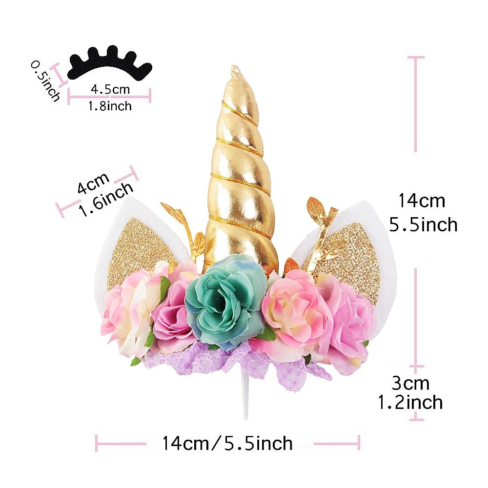 Nishine Rose Floral Unicorn Cake Topper Birthday Party Cake Decoration (Gold&Mint)