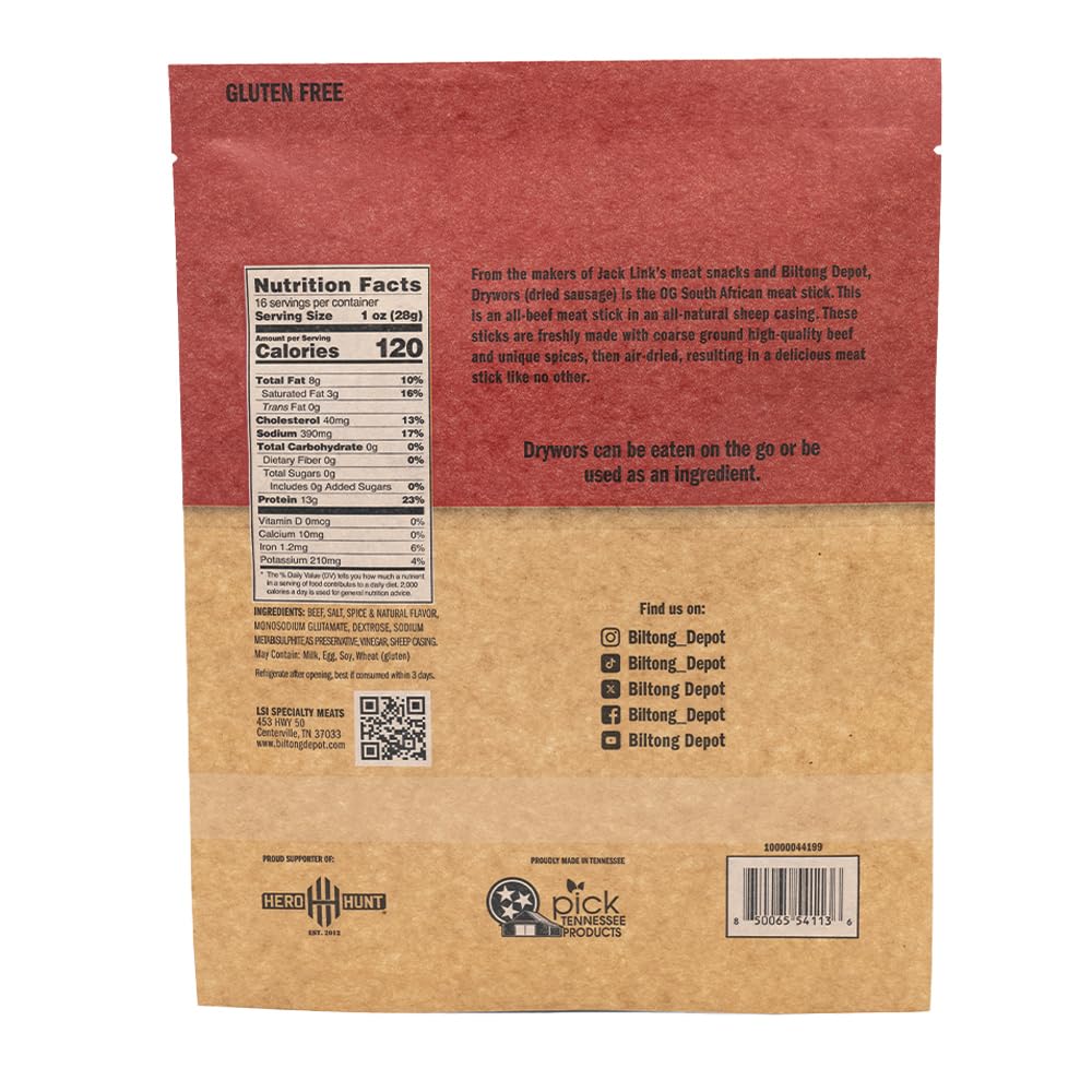Biltong Depot - Crown Droewors (1 Lb) 16Oz South African Droewors Beef Sausage Sticks, Air-Dried Sausages - No Sugar, Gluten Fre