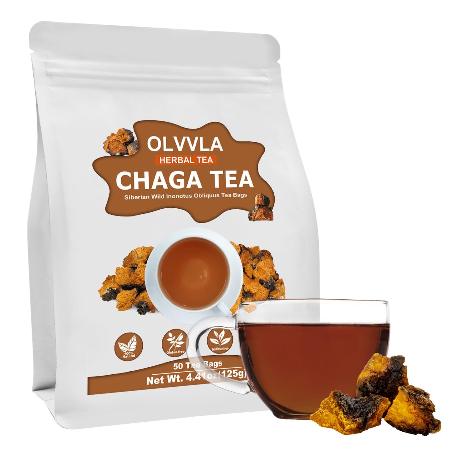 Olvvla Chaga Tea Bags - 100% Wild Natural Herbal Tea - Caffeine Free - 50 Count