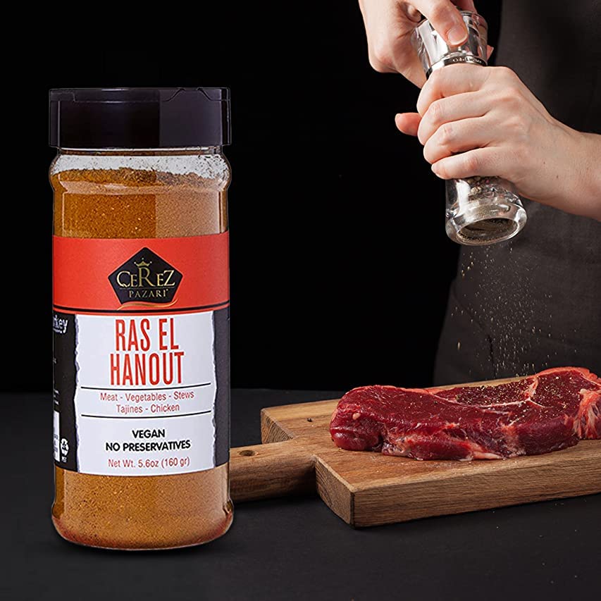 Cerez Pazari Ras El Hanout Meat Seasoning 5.6Oz-160G, Moroccan Meat Spice Blend Premium Grade,%100 Natural, Freshly Packed, Non-