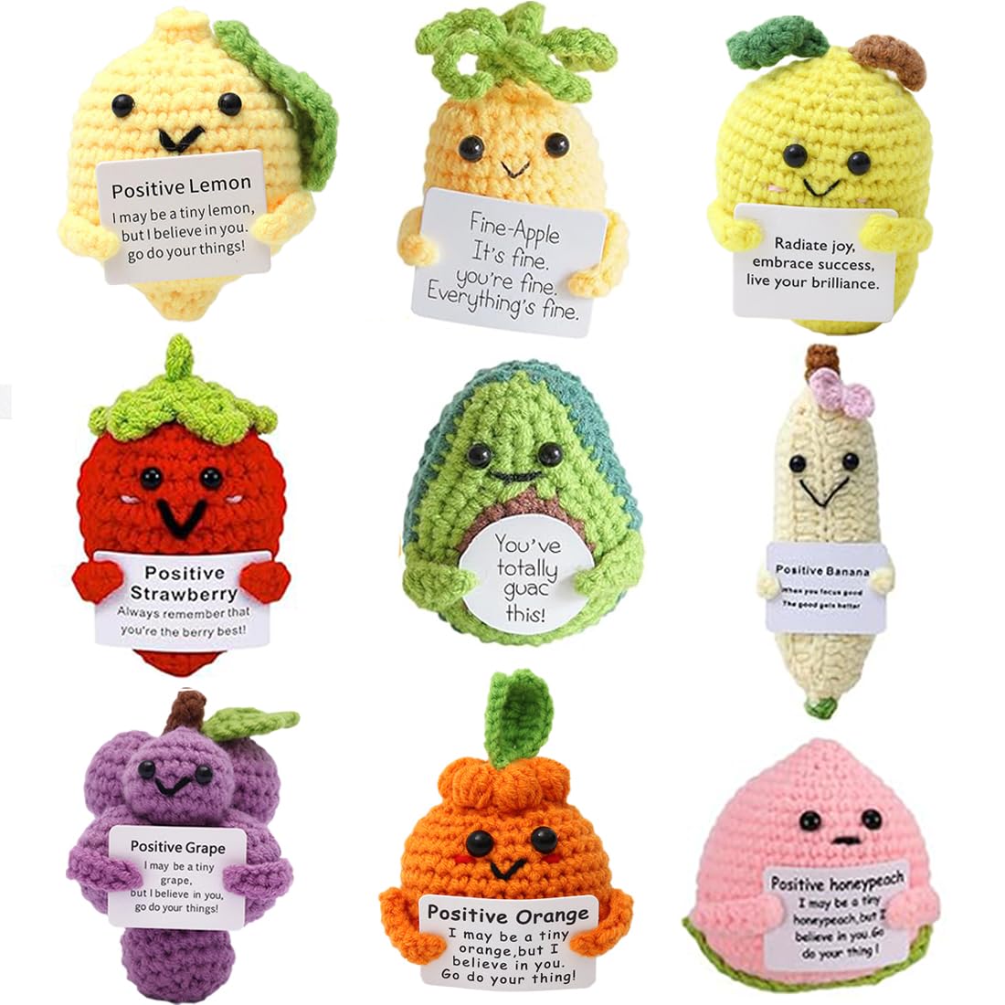 Orichane 9Pcs Handmade Positive Crochet Funny Fruits Vegetable Set With Encouragement Card Cute Room Decor Unique Birthday Gift For Women Friends Emotional Support Present