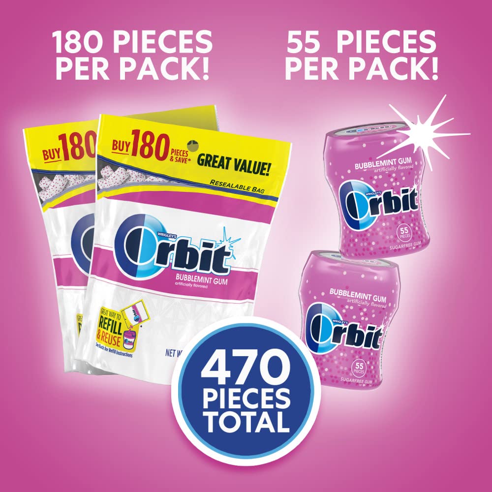 Orbit Sugar-Free Chewing Gum, Bubblemint Flavor, Bulk Pack, 470 Count (2 Bags - 180 Pieces & 2 Bottles - 55 Pieces)