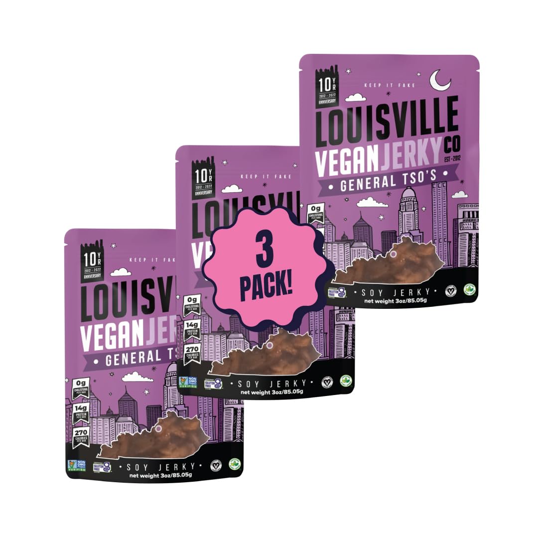Louisville Vegan Jerky General Tsos - Non-GMO, Gluten-Free, High Protein Vegan Snack - 3 oz, 3 Pack