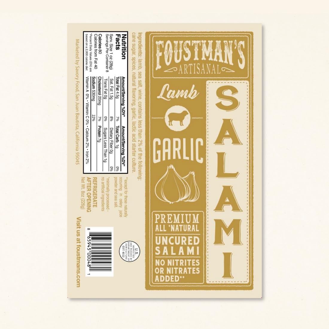 Foustman'S Salami Garlic Lamb Artisanal, Nitrate-Free, Naturally Cured, Gluten-Free, Dairy-Free, No Pork, Pack Of 3, 8 Oz Each