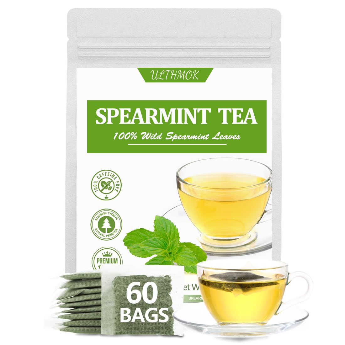 ULTHMOK Premium Spearmint Tea Bags, Caffeine Free, 60 Count, 100% Pure Natural Spearmint Leaves