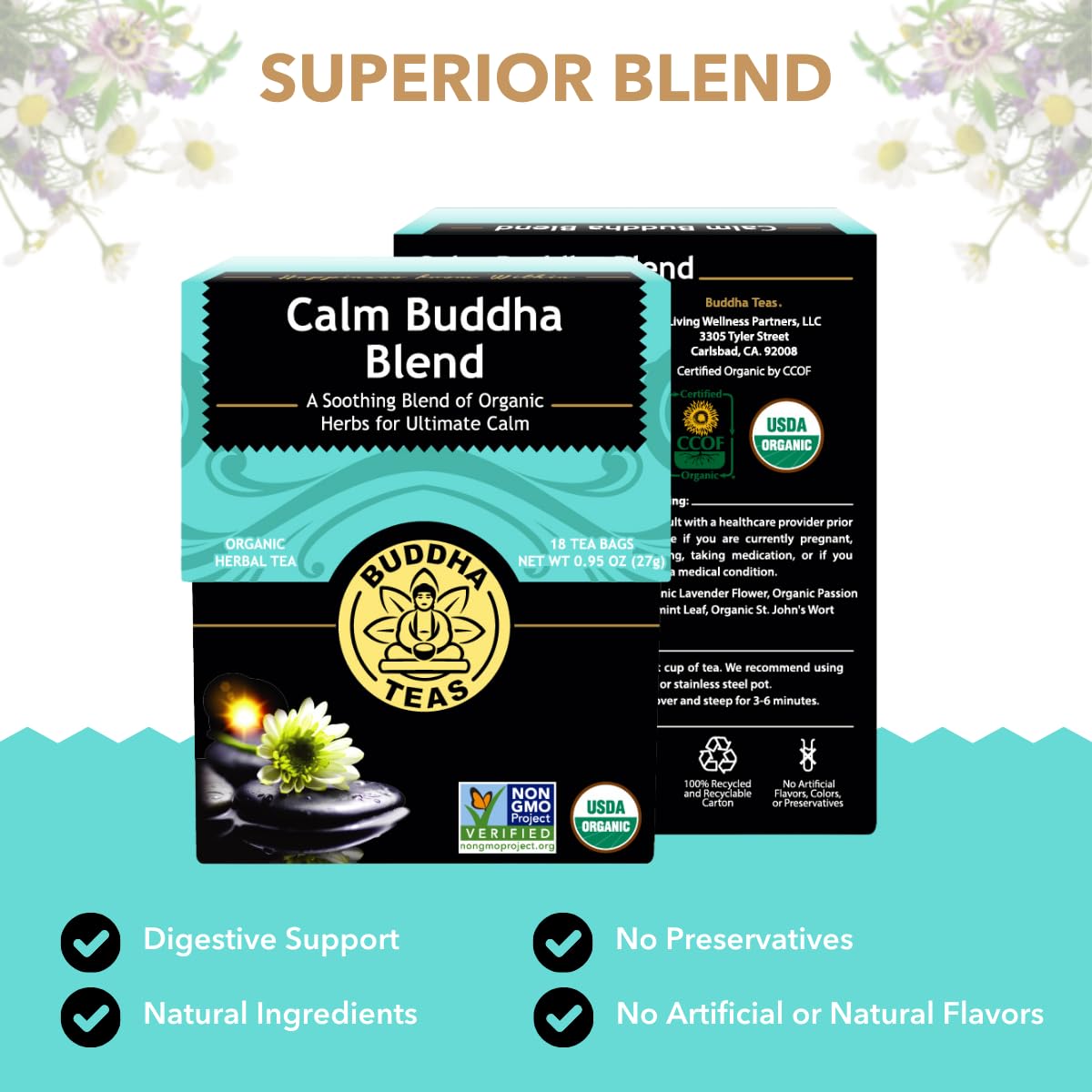 Buddha Teas Calm Buddha Blend Organic Herbal Tea - Caffeine Free - 18 Bleach-Free Tea Bags - Non-GMO & OU Kosher