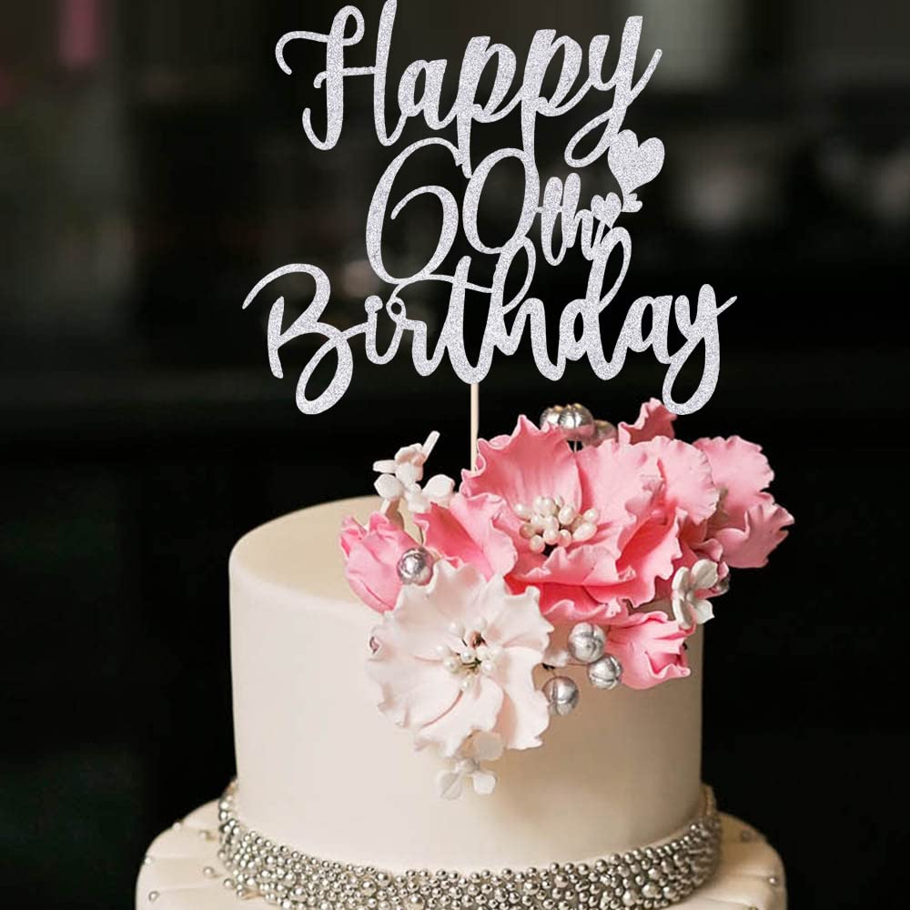 YUINYO 60th Birthday Cake Topper, Handmade Glitter Bunting Decor, Silver, Model MS-531