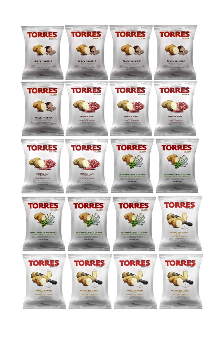 Torres Spanish Papas Fritas Potato Chips 4 Flavor Variety Pack Black Truffle  Mediterranean Herb  Sparkling Beverage-Inspired  Iberico Ham (20)