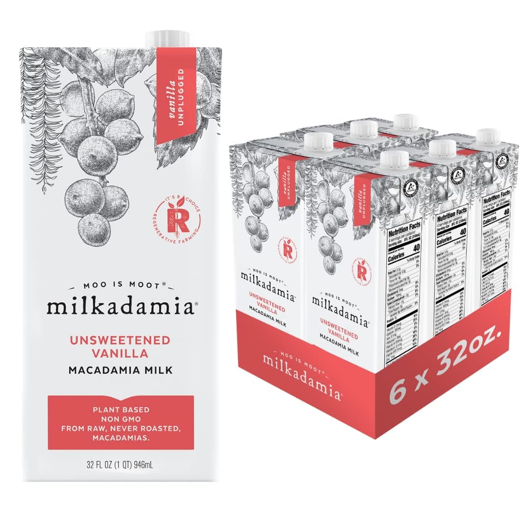 Milkadamia Macadamia Milk - Unsweetened Vanilla - 32 Fl Oz (Pack Of 6) - Lactose Free, Vegan, Shelf Stable, Plant Based, Non Dai