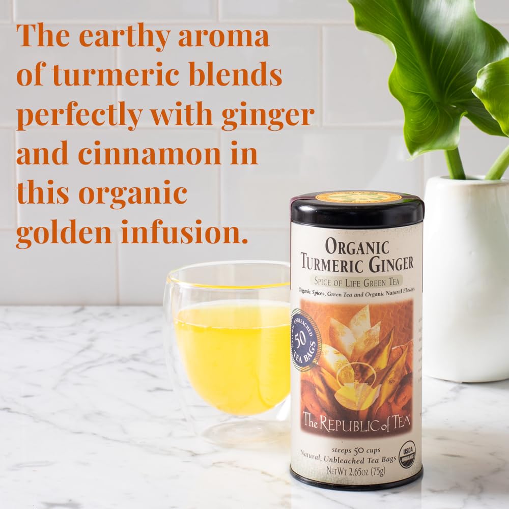 The Republic of Tea Organic Turmeric Ginger Green Tea, 50 Tea Bags, Naturally Caffeinated, Pack of 1