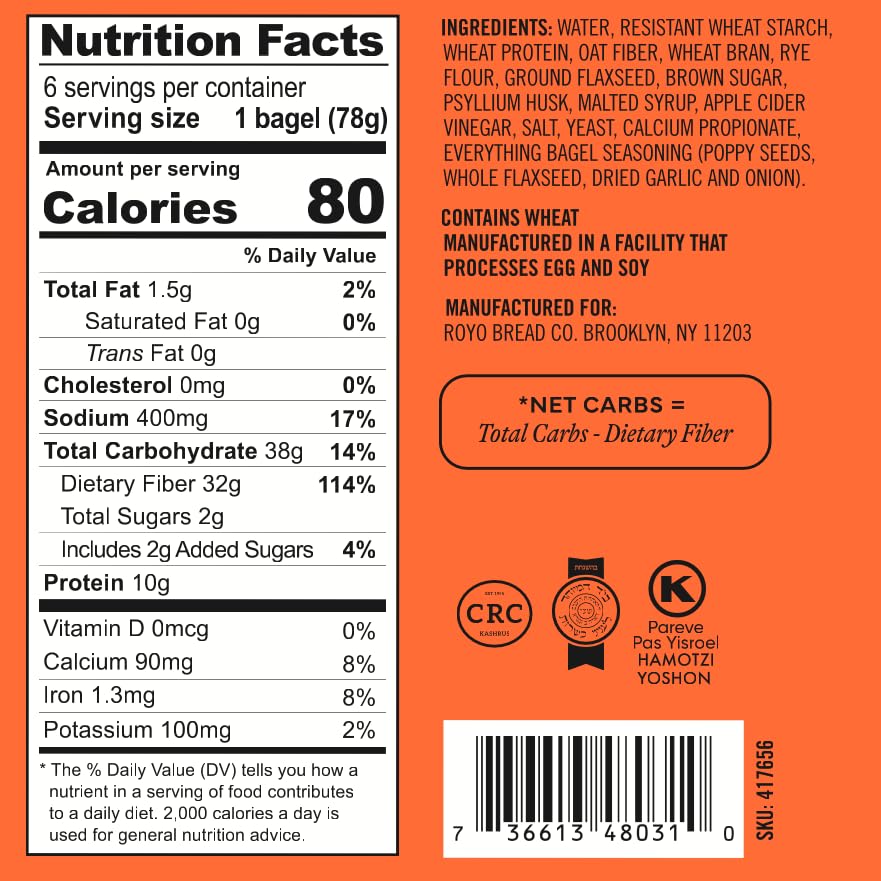 ROYO BREAD CO. 2-Pack Low Carb Artisan Bread and Bagels  30-80 Calories (Plain & Everything Bagel)