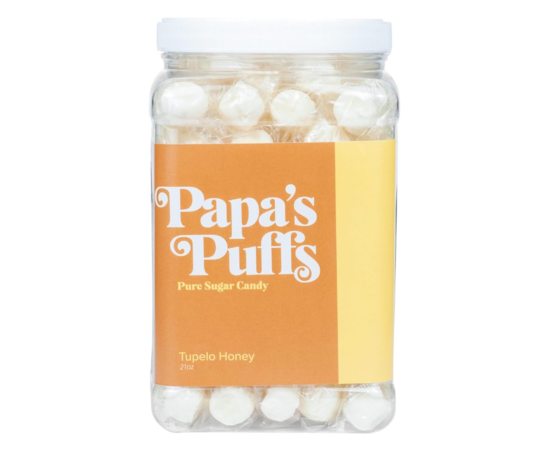 Papa'S Puffs Tupelo Honey Flavored Pure Sugar Candy - Individually Wrapped In Resealable Tub - Fat-Free, Gluten-Free, Cholestero