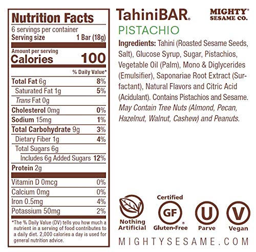 Mighty Sesame Tahinibars, Variety Pack (18 Bars) | 6 Pistachio - 6 Vanilla - 6 Cocoa Nibs | 100 Calorie Mini Halva Bars | Indivi