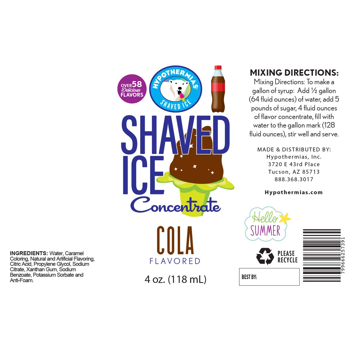Hypothermias Shaved Ice And Snow Cone Syrup Unsweetened Flavor Concentrate - 4 Fl Oz - Makes 1 Gallon Of Ready To Use Syrup - Co