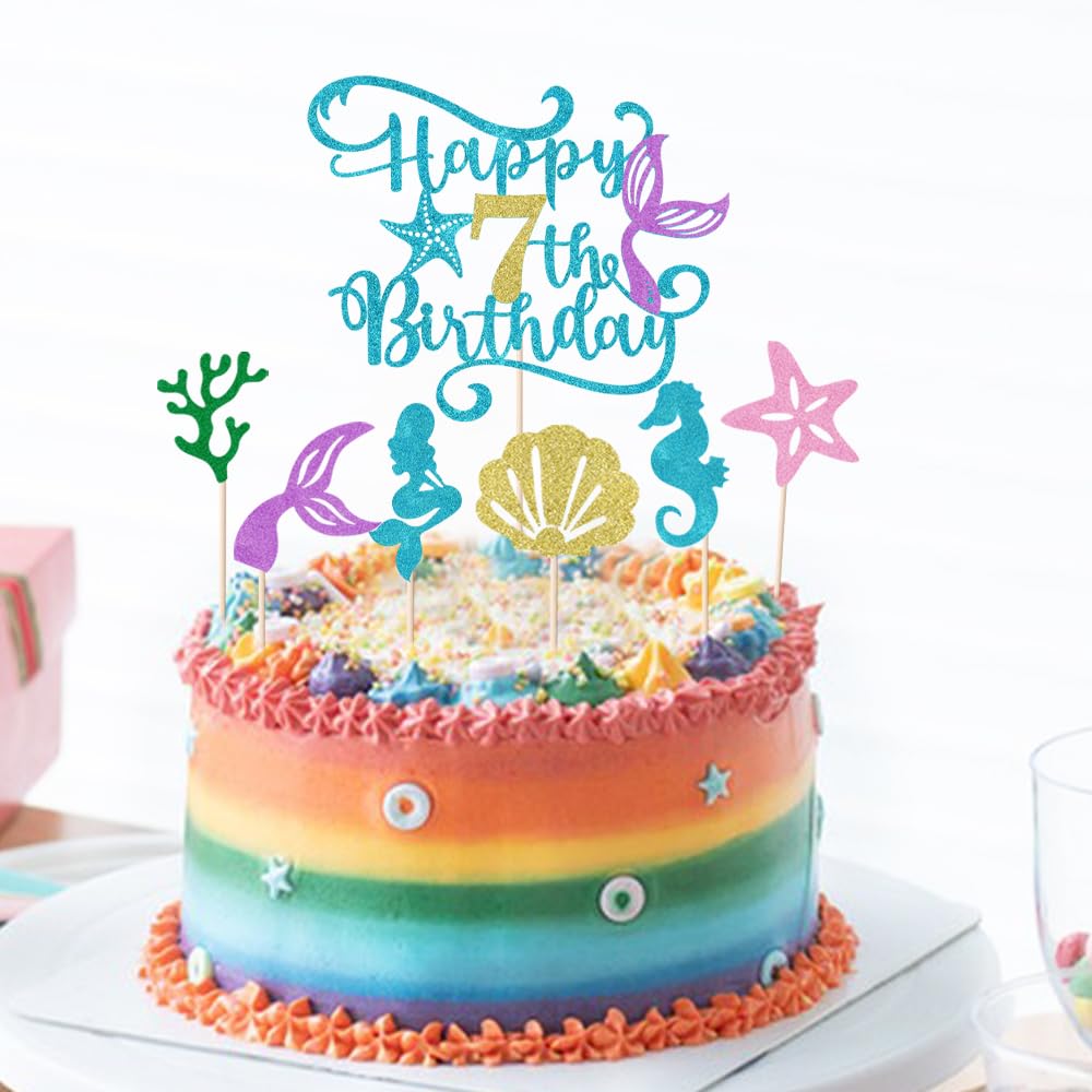Sodasos 7Pcs Glitter Mermaid Happy Birthday Cake Topper - Mermaid Cake Topper,Under The Sea Themed, Baby Shower Birthday Party S
