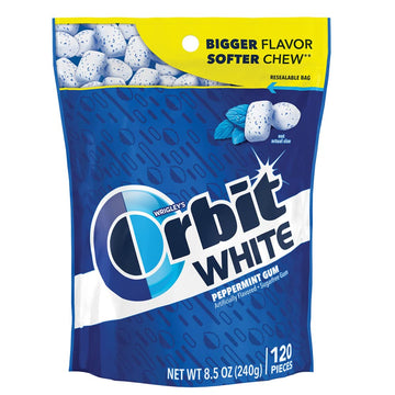 Orbit Gum White Peppermint Sugar Free Chewing Gum, 8.5 Ounces Resealable Bag 120 Pieces (8 Pack)