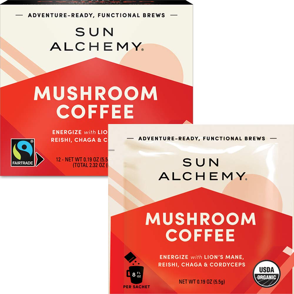 Sun Alchemy Mushroom Coffee, Energize with Organic Fair-Trade Coffee, Lions Mane, Reishi, Chaga & Cordyceps Mushrooms - 12 Sache