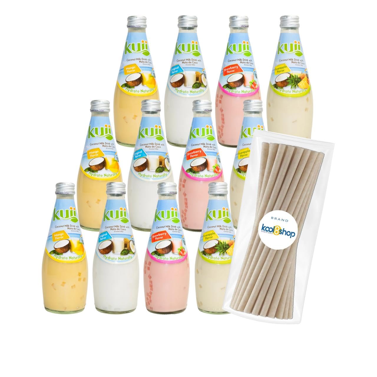 Kuii Variety Pack Coconut Milk Drink 9.8 fl oz Glass Bottle 12 Pack + 15 Sugarcane Disposable Straws by Kool8shop Infinite Deals