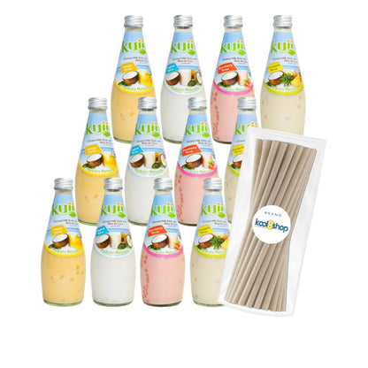 Kuii Variety Pack Coconut Milk Drink 9.8 fl oz Glass Bottle 12 Pack + 15 Sugarcane Disposable Straws by Kool8shop Infinite Deals