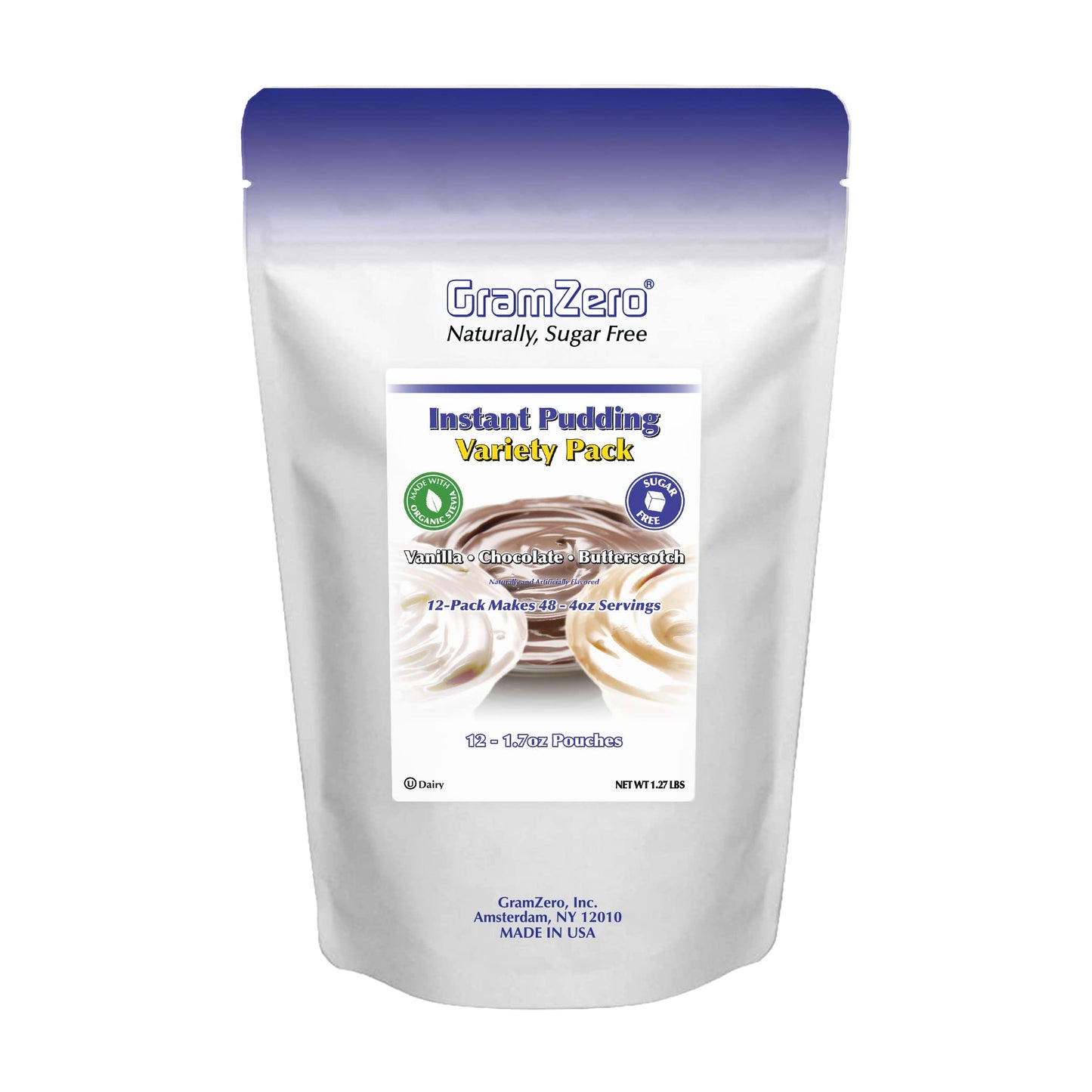 GramZero Sugar Free Pudding Mix Variety Pack - Vanilla, Chocolate, Butterscotch, 12 x 1.7 oz, Low Calorie, Stevia Sweetened