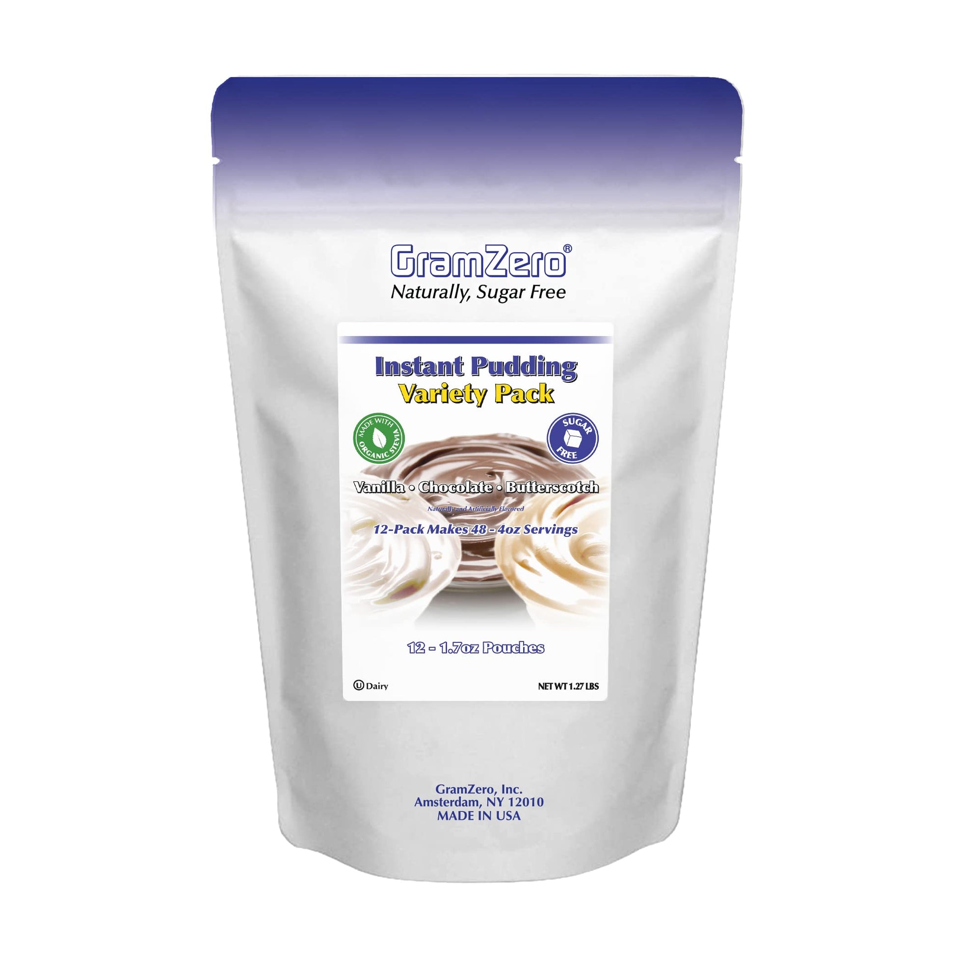 GramZero Sugar Free Pudding Mix Variety Pack - Vanilla, Chocolate, Butterscotch, 12 x 1.7 oz, Low Calorie, Stevia Sweetened