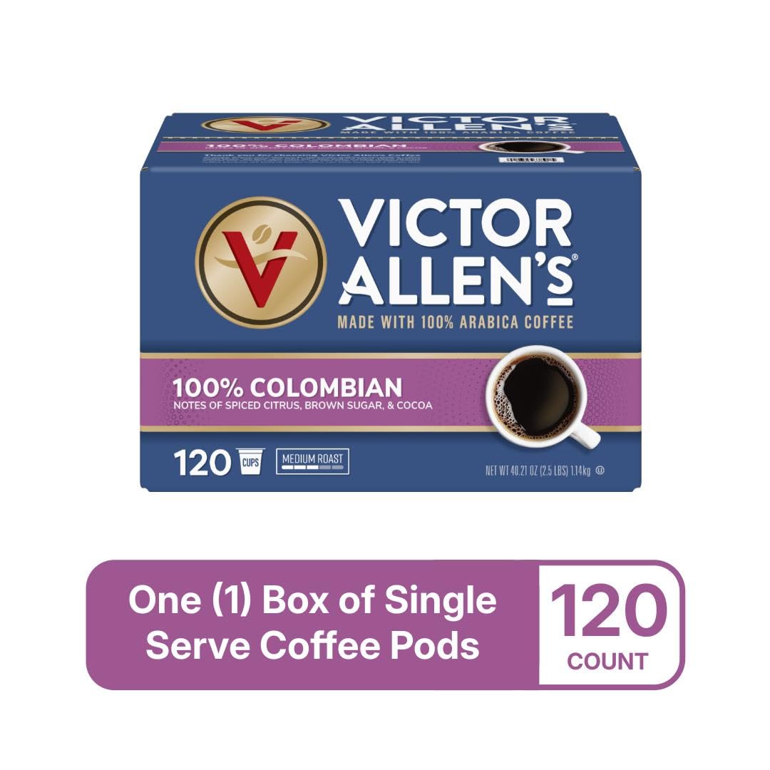 Victor Allens Coffee 100% Colombian Medium Roast Single Serve Pods, 120 Count, Brown