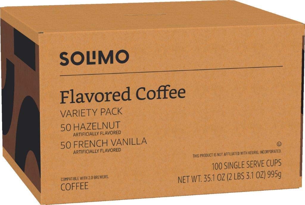 large online retailer Brand - Solimo Light Roast Coffee Pods, Hazelnut & French Vanilla, Compatible with Keurig 2.0, 100 Count
