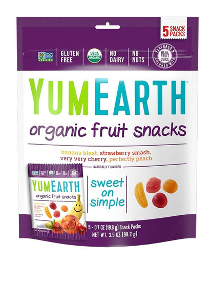 YumEarth Organic Fruit Snacks, 5-0.7oz. Fruit Flavored Snack Packs, Allergy Friendly, Gluten Free, Non-GMO, Vegan, No Artificial