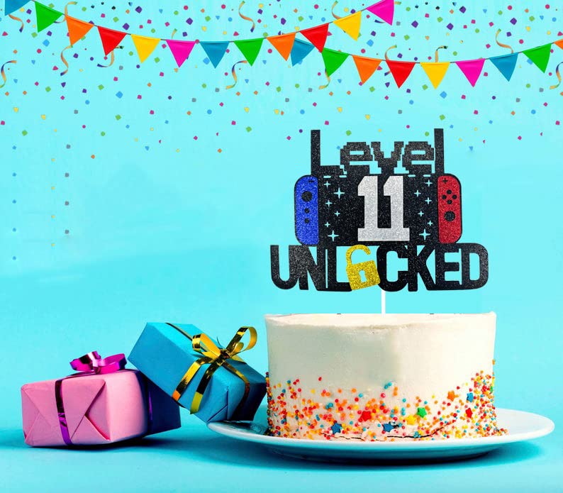 ximoogoooz Video Game Cake Topper for 11th Birthday, Neon/Iridescent, Paper, Kids Party Decoration