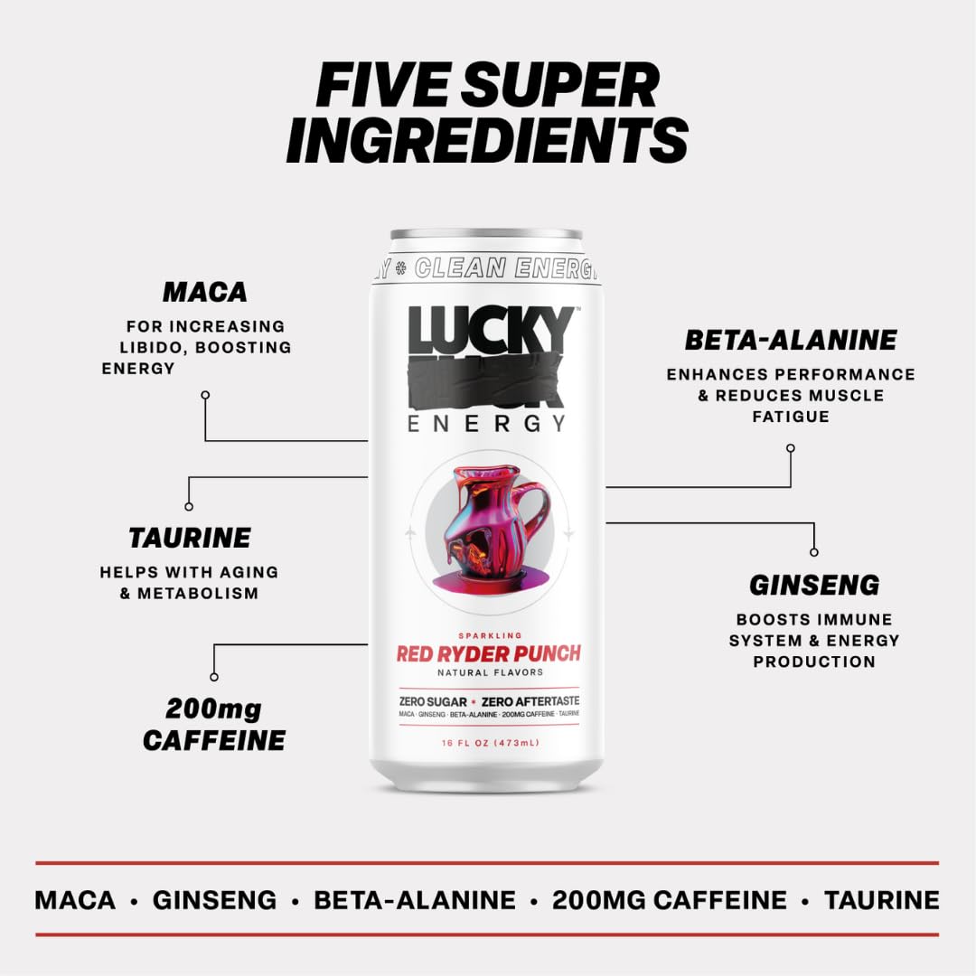 Lucky Energy Sugar Free Energy Drink, Red Ryder Punch, 16oz Cans, 12-Pack, Zero Sugar, 200mg Caffeine
