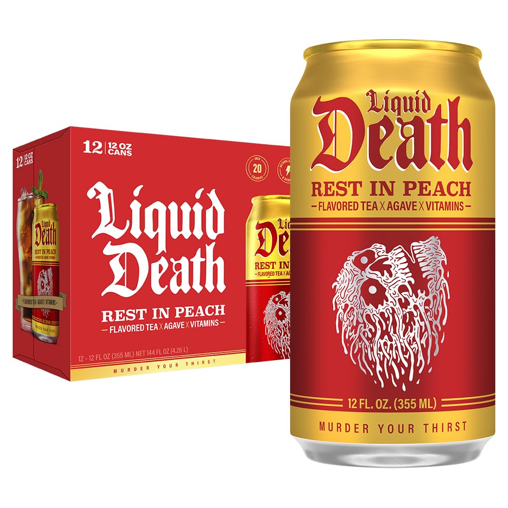 Liquid Death, Rest in Peach Iced Tea, 12-Pack (12 oz Cans), Peach Flavored Back Tea, Low Calorie, No Artificial Sweeteners, B12 