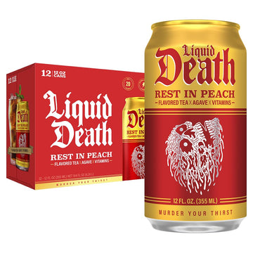Liquid Death, Rest in Peach Iced Tea, 12-Pack (12 oz Cans), Peach Flavored Back Tea, Low Calorie, No Artificial Sweeteners, B12 